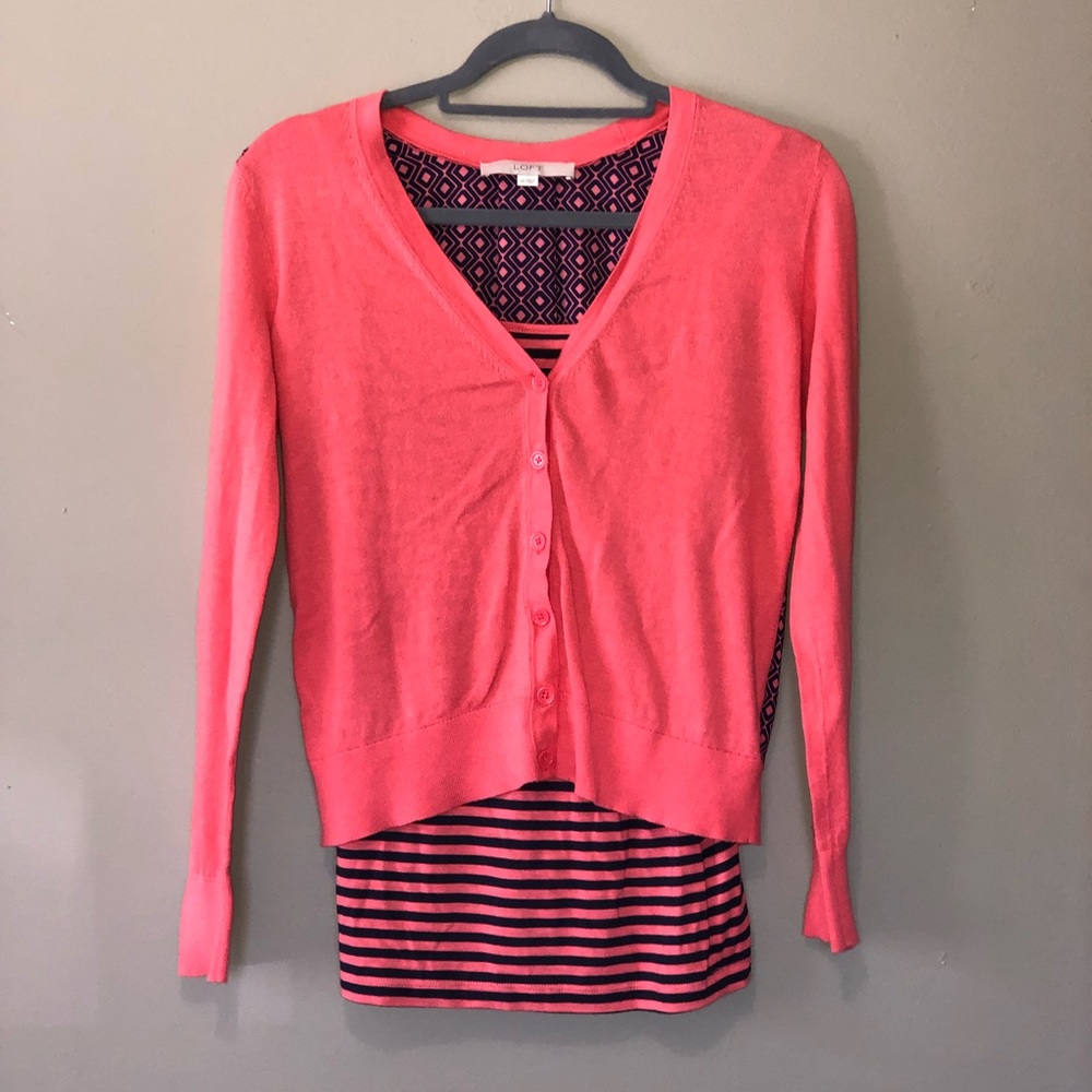Loft Coral and Navy cardigan and tank set